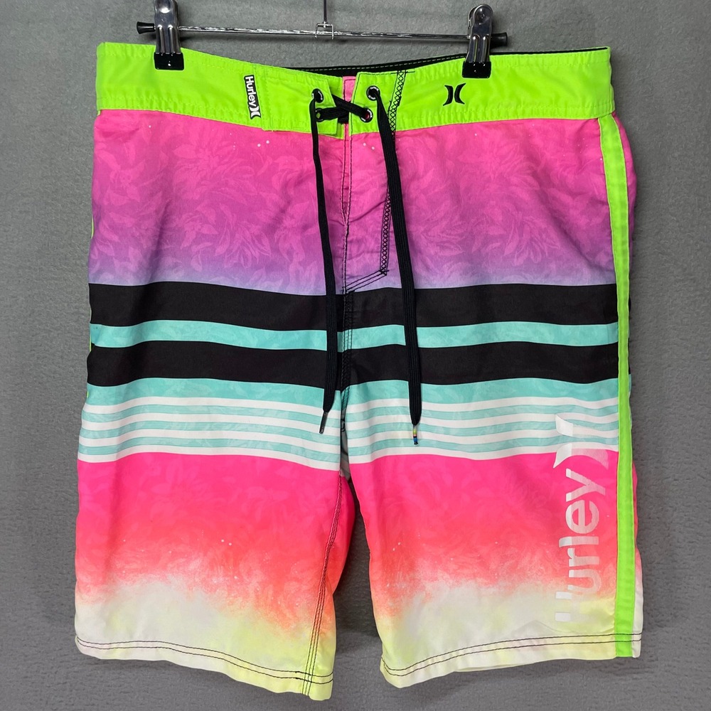 Hurley Board Shorts Mens 32 Neon Stripe Surf Swim Trunks